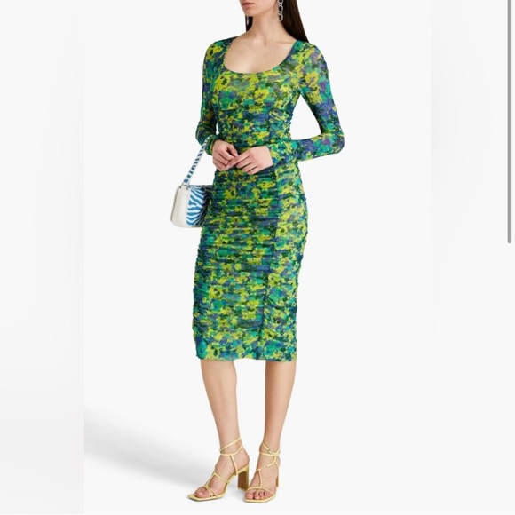 Ganni Ruched Printed Stretch-Mesh Midi Dress - Picture 1 of 12
